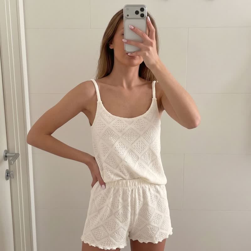 Ensemble pyjama short et débardeur beige jacquard - image 1