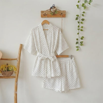 Ensemble pyjama kimono en coton à pois - Blanc - L - image 0
