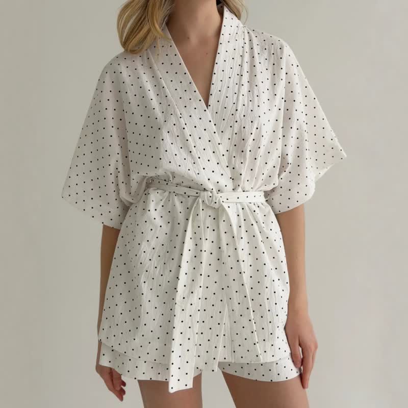 Ensemble pyjama kimono en coton à pois - image 1