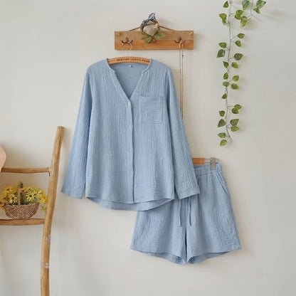 Ensemble pyjama composé d'un haut à manches longues et d'un short - Bleu - L - image 0
