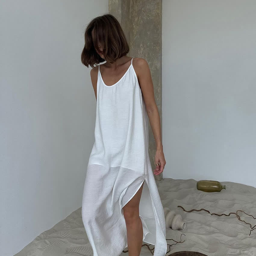 Robe d'intérieur unie avec fente latérale - Blanc - L - image 2