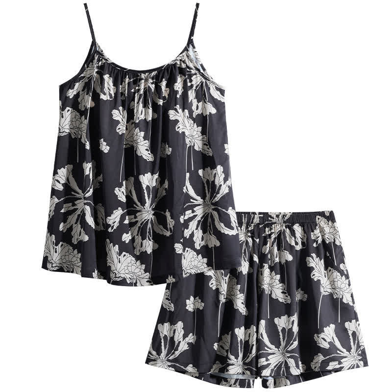Ensemble pyjama noir avec short à bretelles fines à fleurs - image 6