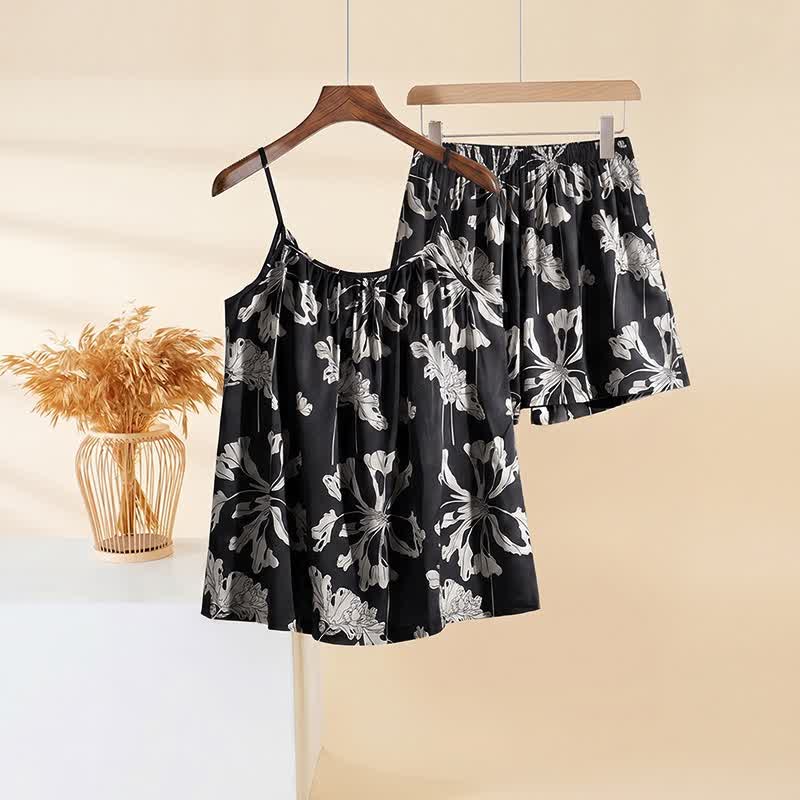 Ensemble pyjama noir avec short à bretelles fines à fleurs - image 2