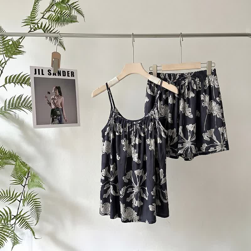 Ensemble pyjama noir avec short à bretelles fines à fleurs - Noir - XL - image 0