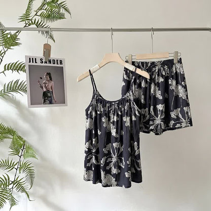 Ensemble pyjama noir avec short à bretelles fines à fleurs - Noir - XL - image 0