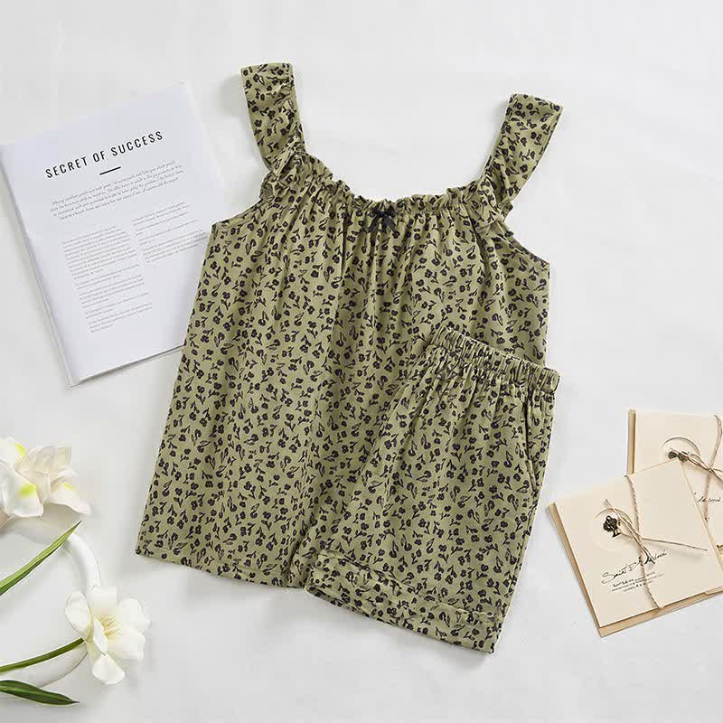 Ensemble pyjama vert olive à volants et motifs floraux - image 1