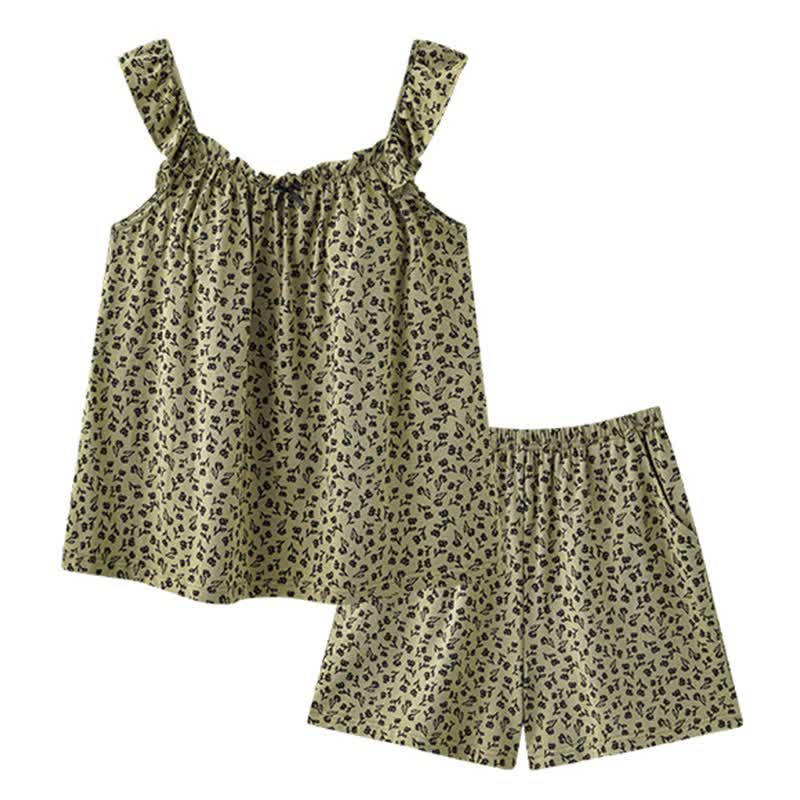 Ensemble pyjama vert olive à volants et motifs floraux - image 5
