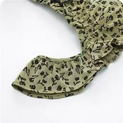 Ensemble pyjama vert olive à volants et motifs floraux - image 7