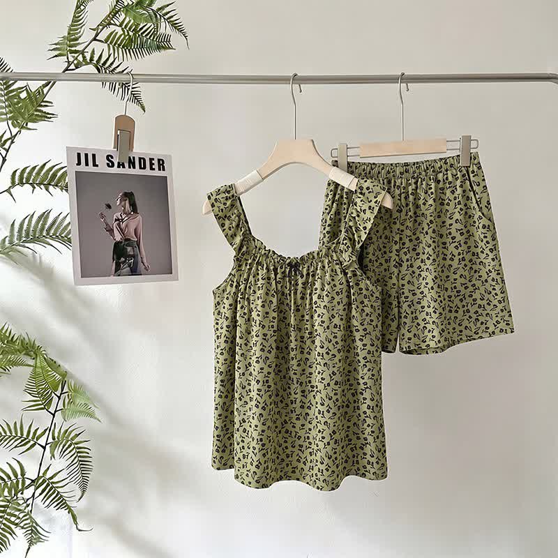 Ensemble pyjama vert olive à volants et motifs floraux - Vert - XXL - image 0