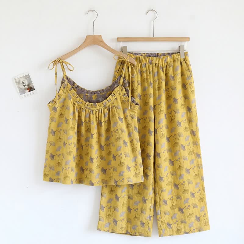 Ensemble pyjama débardeur à motif de feuilles de ginkgo biloba - Jaune et gris - XL - image 8
