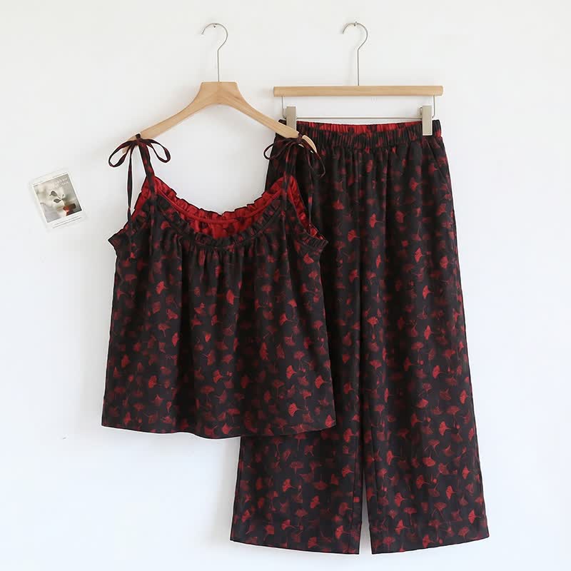 Ensemble pyjama débardeur à motif de feuilles de ginkgo biloba - Noir et rouge - XL - image 16