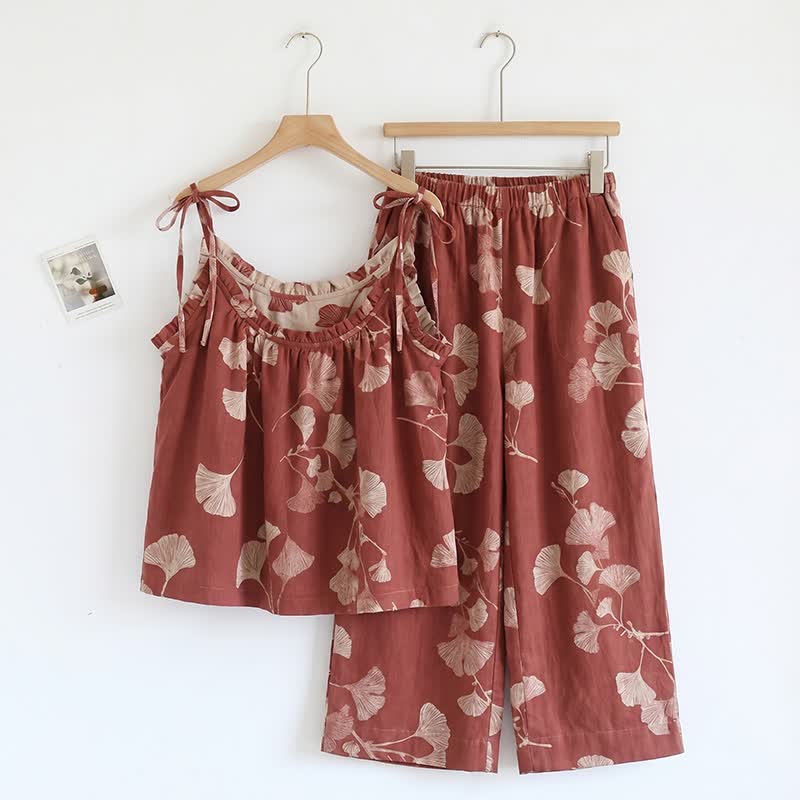 Ensemble pyjama élégant en coton ginkgo - Rouge et nude - XL - image 0