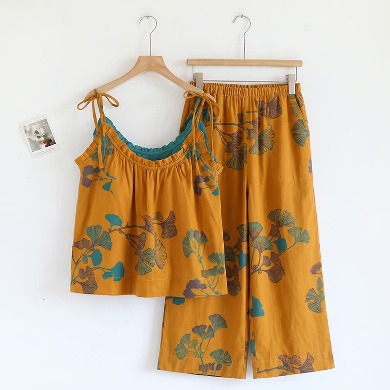 Ensemble pyjama élégant en coton ginkgo - Orange et vert - XL - image 12
