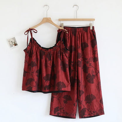 Ensemble pyjama élégant en coton ginkgo - Rouge et noir - XL - image 4