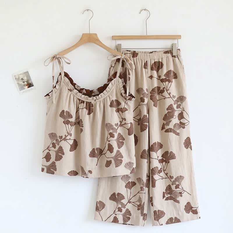 Ensemble pyjama élégant en coton ginkgo - Beige et café - XL - image 8