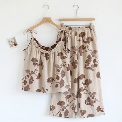Ensemble pyjama élégant en coton ginkgo - Beige et café - XL - image 8