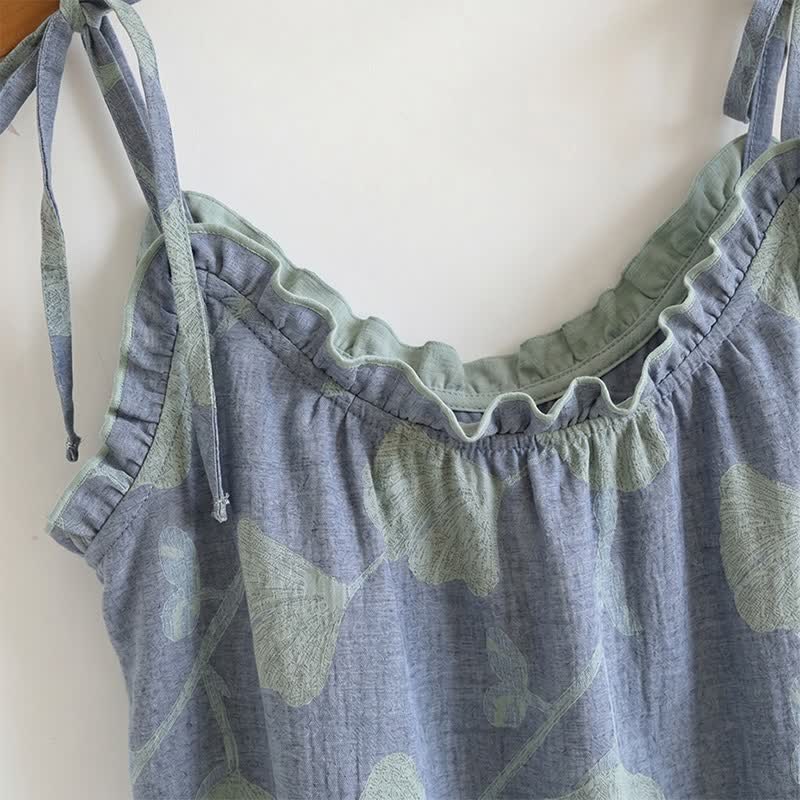 Ensemble pyjama à motif feuille de ginkgo avec volants et débardeur - image 2