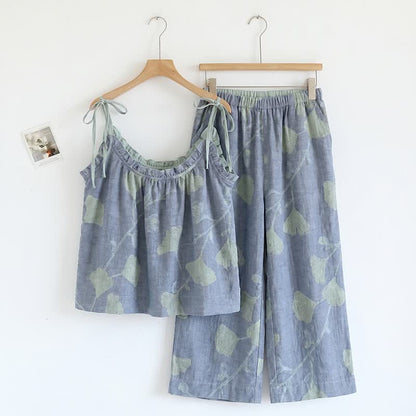 Ensemble pyjama à motif feuille de ginkgo avec volants et débardeur - Bleu et vert clair - XL - image 0