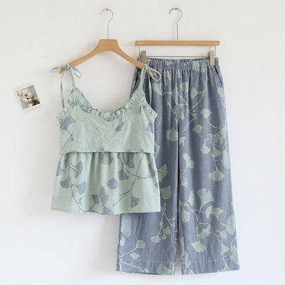 Ensemble pyjama à motif feuille de ginkgo avec volants et débardeur - image 1