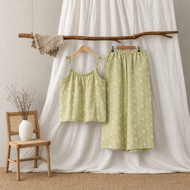 Pyjama en coton avec des feuilles de ginkgo fraîches - Vert - XL - image 0