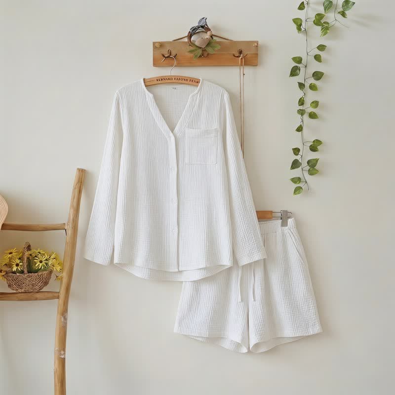 Ensemble pyjama composé d'un haut à manches longues et d'un short - Blanc - L - image 2