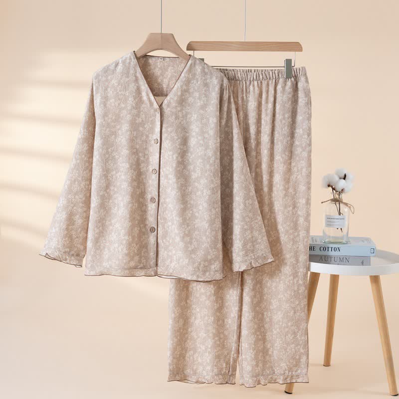 Pyjama en coton doux à motifs floraux avec patte de boutonnage - Café - XL - image 13