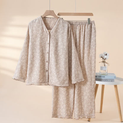 Pyjama en coton doux à motifs floraux avec patte de boutonnage - Café - XL - image 13