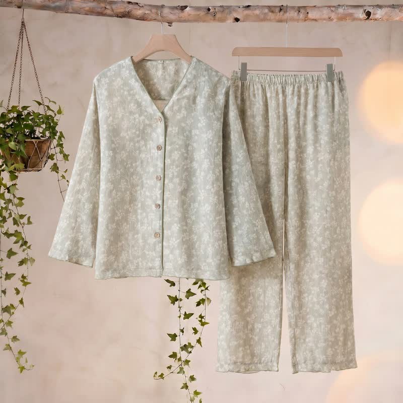 Pyjama en coton doux à motifs floraux avec patte de boutonnage - Vert - XL - image 0