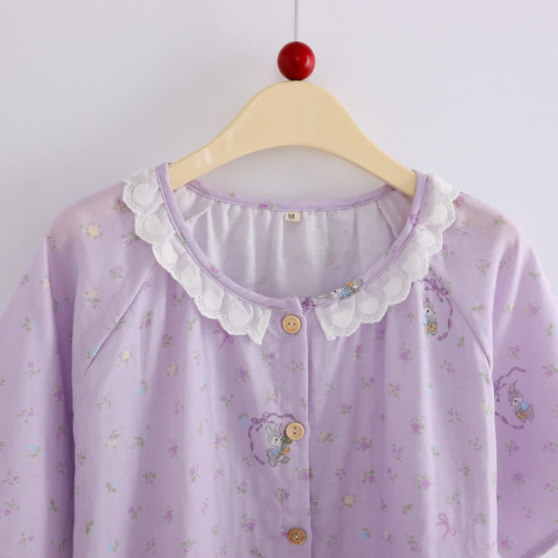 Ensemble de vêtements d'intérieur en coton à motif lapin violet et fleurs (3 pièces) - image 3