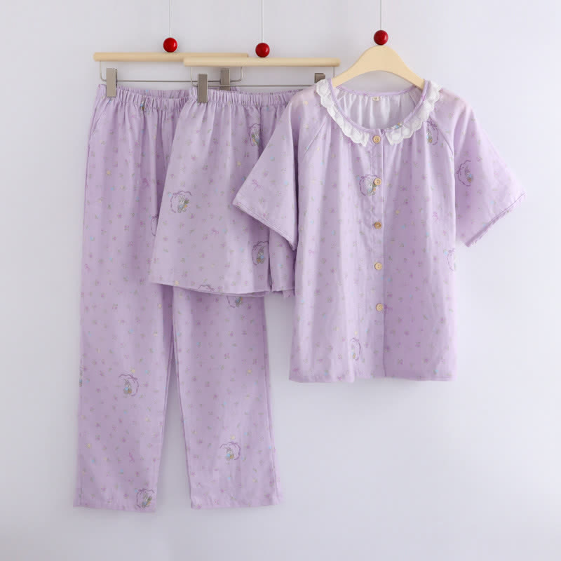 Ensemble de vêtements d'intérieur en coton à motif lapin violet et fleurs (3 pièces) - image 2