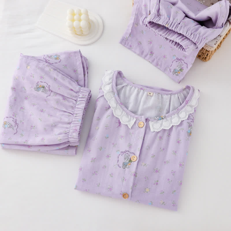 Ensemble de vêtements d'intérieur en coton à motif lapin violet et fleurs (3 pièces) - image 1