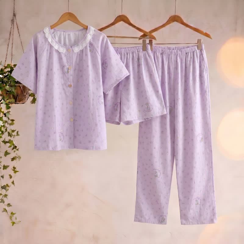 Ensemble de vêtements d'intérieur en coton à motif lapin violet et fleurs (3 pièces) - Violet - XL - image 0