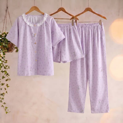 Ensemble de vêtements d'intérieur en coton à motif lapin violet et fleurs (3 pièces) - Violet - XL - image 0