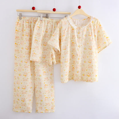 Ensemble de détente en coton couleur abricot avec volants et motif floral (3 pièces) - image 1