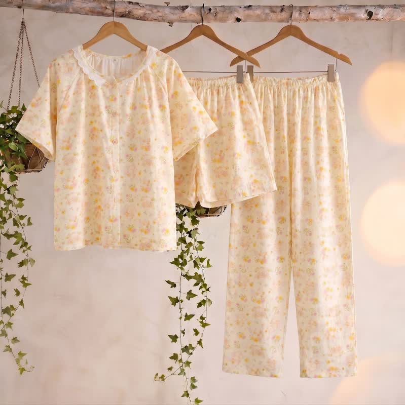 Ensemble de détente en coton couleur abricot avec volants et motif floral (3 pièces) - abricot - XL - image 0