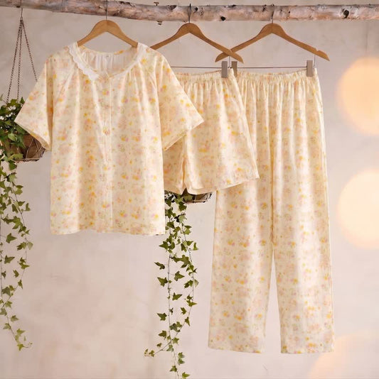 Ensemble de détente en coton couleur abricot avec volants et motif floral (3 pièces) - abricot - XL - image 0