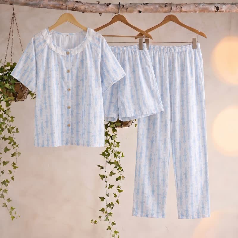Pyjama en coton bleu avec motif nœud et volants (ensemble 3 pièces) - Bleu - XL - image 0