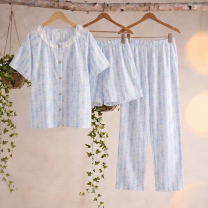 Pyjama en coton bleu avec motif nœud et volants (ensemble 3 pièces) - Bleu - XL - image 0