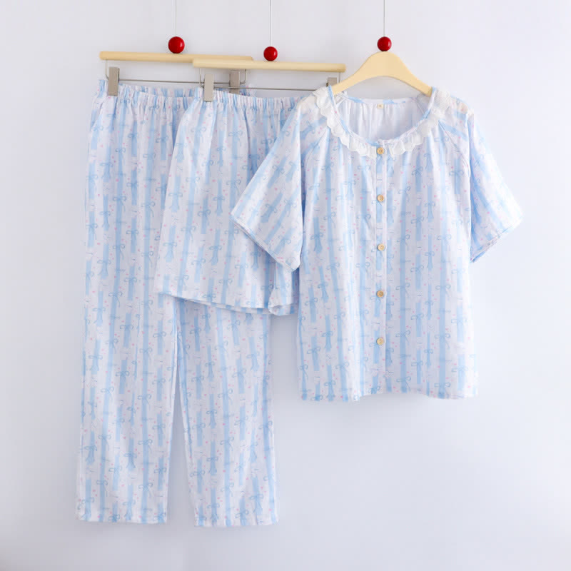 Pyjama en coton bleu avec motif nœud et volants (ensemble 3 pièces) - image 1