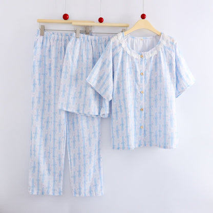 Pyjama en coton bleu avec motif nœud et volants (ensemble 3 pièces) - image 1