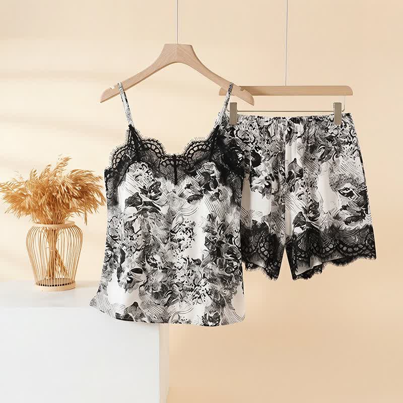 Ensemble vintage composé d'un débardeur et d'un short en dentelle florale - Gris - 3XL - image 0