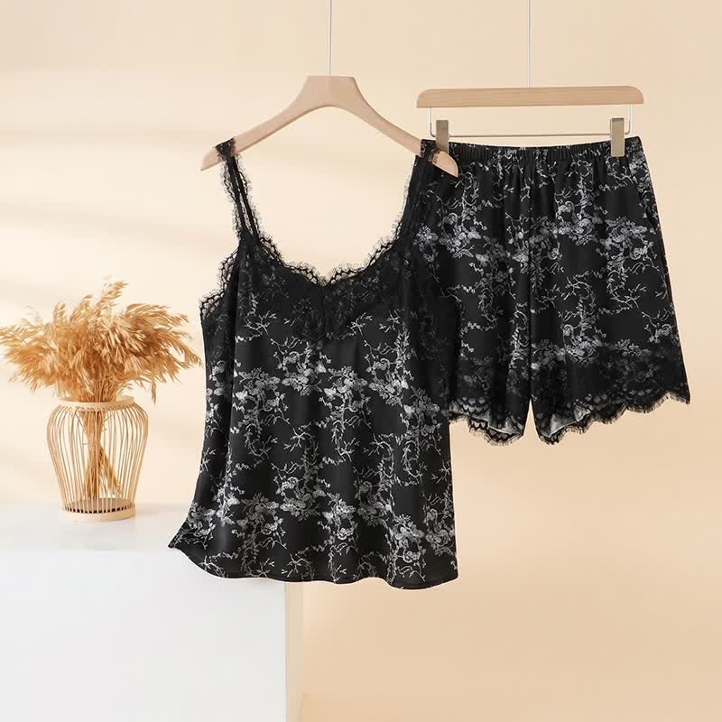 Ensemble de détente noir avec débardeur à motif floral - Noir - 3XL - image 0