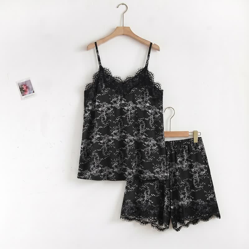Ensemble de détente noir avec débardeur à motif floral - image 1