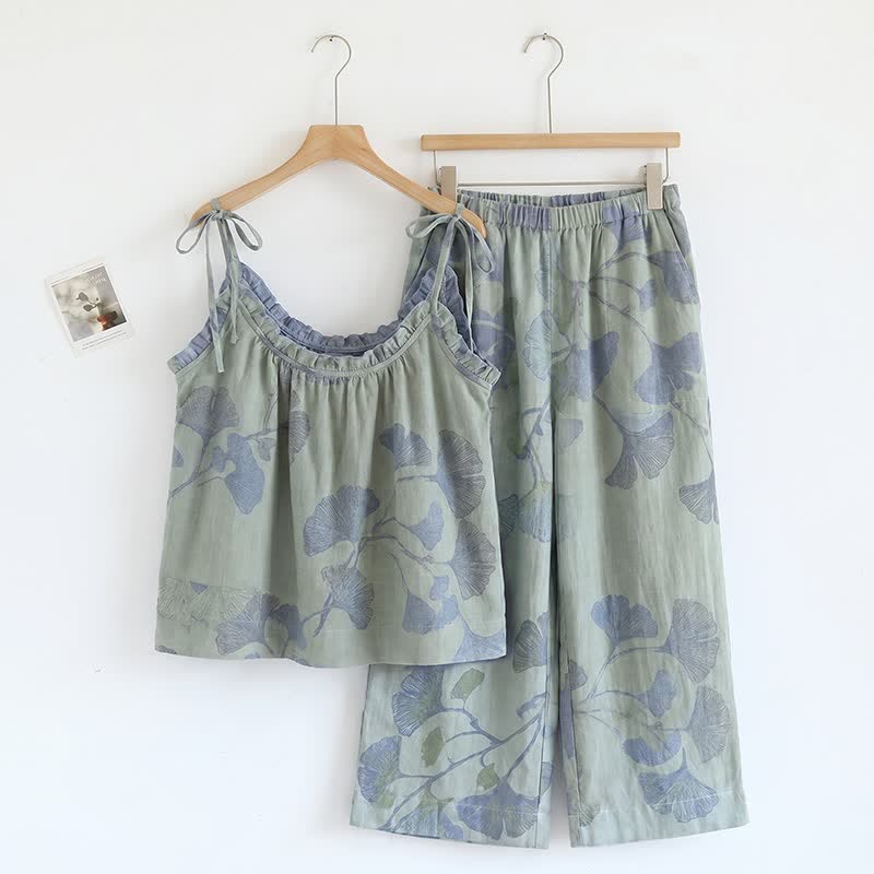Ensemble pyjama à motif feuille de ginkgo avec volants et débardeur - Vert clair et bleu - XL - image 4