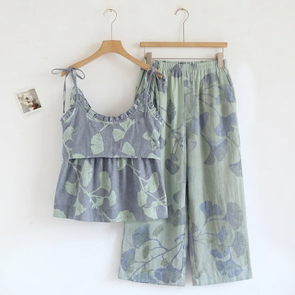 Ensemble pyjama à motif feuille de ginkgo avec volants et débardeur - image 5