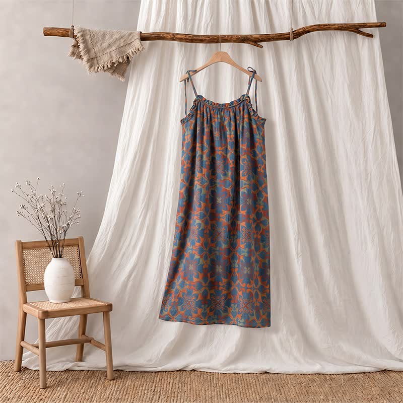 Nuisette vintage bohème en coton à bretelles fines - Bleu - XL - image 0