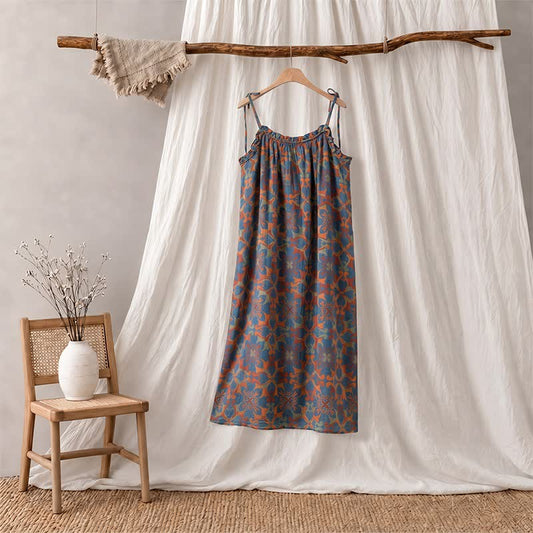 Nuisette vintage bohème en coton à bretelles fines - Bleu - XL - image 0