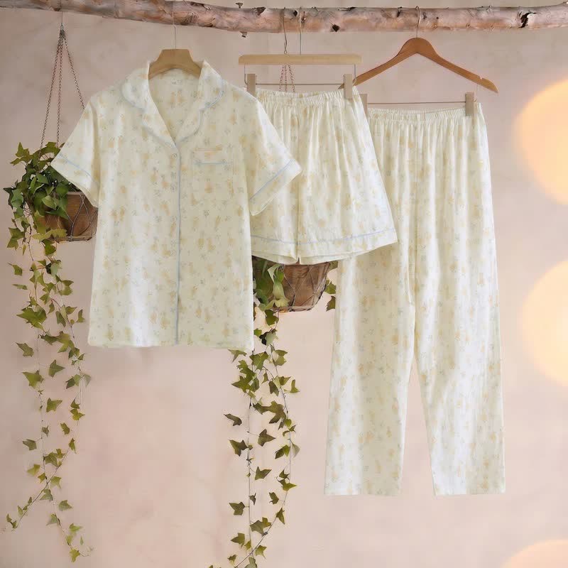Ensemble de trois pièces de vêtements d'intérieur en toile de coton imprimée - Beige - XXL - image 0
