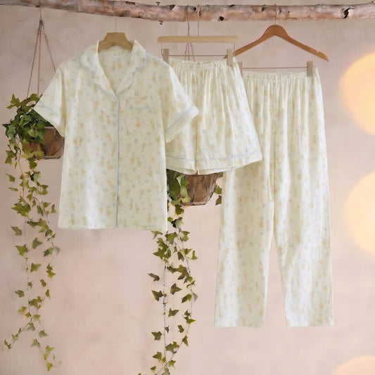 Ensemble de trois pièces de vêtements d'intérieur en toile de coton imprimée - Beige - XXL - image 0