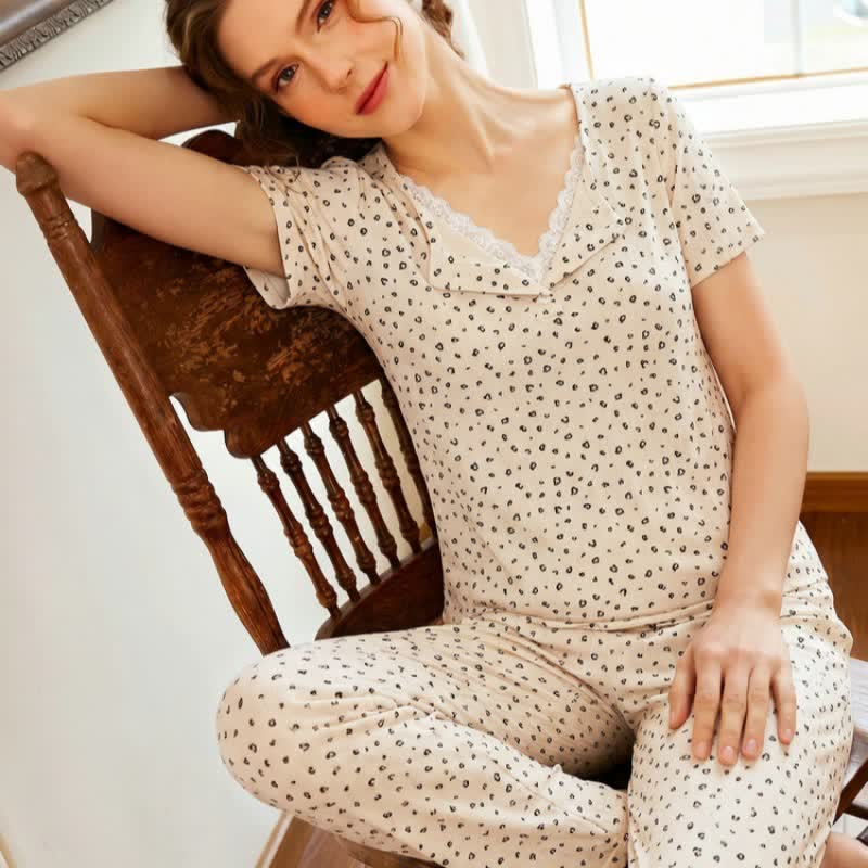 Pyjama à imprimé léopard doux et bordure en dentelle - abricot - XL - image 4